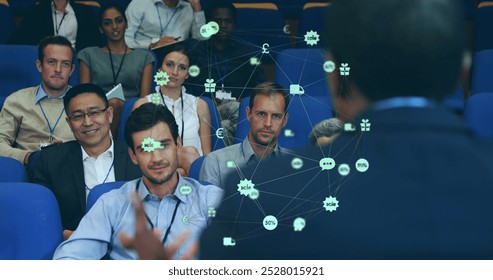 Image of data processing over diverse business people at meeting. Global business and digital interface concept digitally generated image.