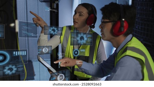 Image of data processing over diverse it technicians by computer servers. Global computing, digital interface and data processing concept digitally generated image.