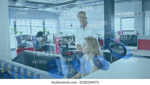 Image of data processing over diverse business people in office. Global business, finances, computing and data processing concept digitally generated image.