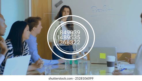 Image of data processing over diverse business people in office. Global finance, business, connections, computing and data processing concept digitally generated image.