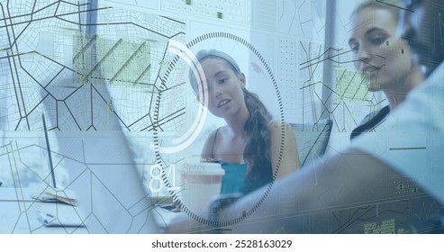 Image of data processing over diverse business people in office. Global business and digital interface concept digitally generated image.