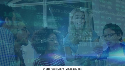 Image of data processing over diverse business people in office. Global business and digital interface concept digitally generated image.