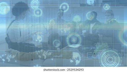 Image of data processing over diverse business people having meeting at office. Global business, finances and digital interface concept digitally generated image. - Powered by Shutterstock - Get 15% off with code: PIKWIZARD15