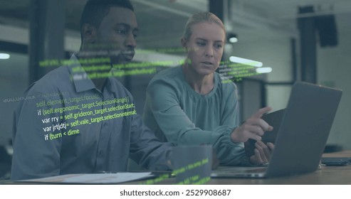 Image of data processing over diverse colleagues using laptop and tablet in office. Business, communication, technology, computing and digital interface concept digitally generated image.