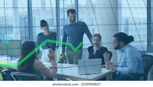 Image of data processing over diverse business people in office. Global finance, business, connections, computing and data processing concept digitally generated image.