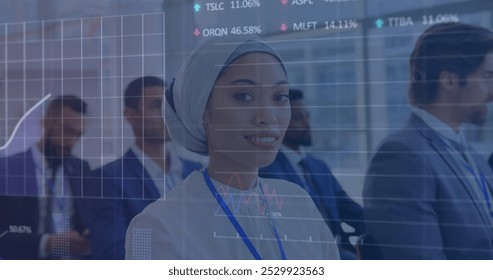 Image of data processing over diverse business people at meeting. global business, finances, connections and digital interface concept digitally generated image.