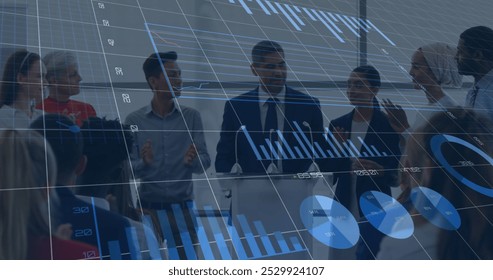 Image of data processing over diverse business people talking. global business, finances, connections and digital interface concept digitally generated image.