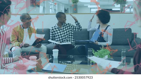 Image of data processing over diverse business people in office. Global finance, business, connections, computing and data processing concept digitally generated image.