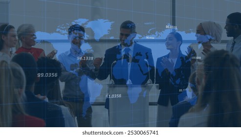 Image of data processing over diverse business people talking. global business, finances, connections and digital interface concept digitally generated image.
