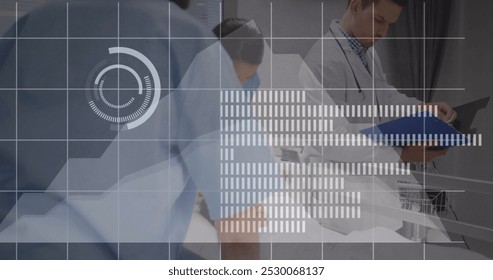 Image of data processing over diverse doctors. Global medicine, healthcare services, connections, computing and data processing concept digitally generated image.