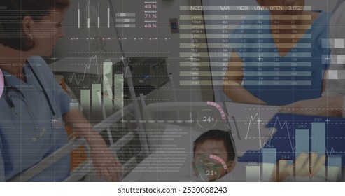 Image of data processing over diverse doctors. Global medicine, healthcare services, connections, computing and data processing concept digitally generated image.