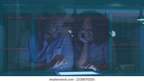 Image of data processing over diverse business people using tablet. global business, finances, connections and digital interface concept digitally generated image.