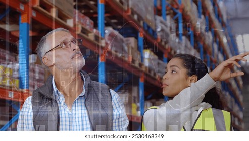 Image of data processing over diverse workers in warehouse. global business and digital interface concept digitally generated image.