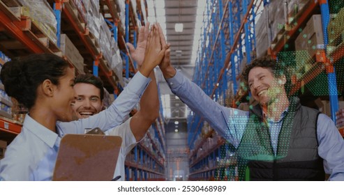 Image of data processing over diverse workers in warehouse. global business and digital interface concept digitally generated image. - Powered by Shutterstock