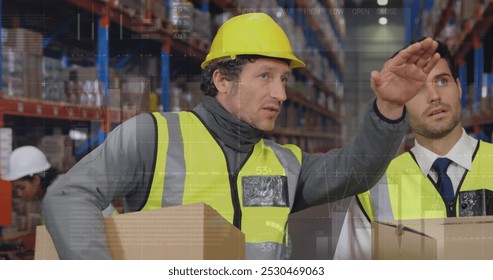 Image of data processing over diverse workers in warehouse. global business and digital interface concept digitally generated image.