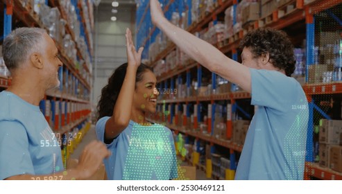 Image of data processing over diverse volunteers high fiving in warehouse. global business and digital interface concept digitally generated image. - Powered by Shutterstock