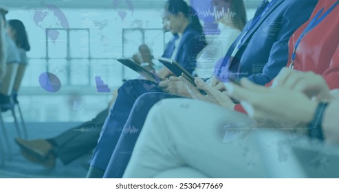 Image of data processing over diverse business people with smartphones. Global business and digital interface concept digitally generated image.