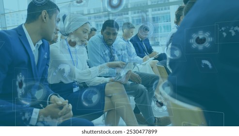 Image of data processing over diverse business people scope. Global business digital interface technology and networking concept digitally generated image.