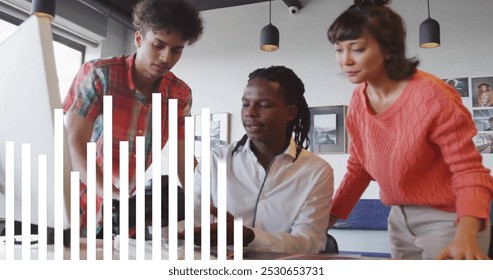 Image of data processing over diverse colleagues discussing work in office. Business, communication, technology, computing and digital interface concept digitally generated image.
