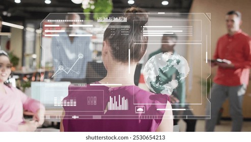 Image of data processing over diverse colleagues having meeting in office. Business, communication, technology, computing and digital interface concept digitally generated image.
