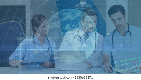 Image of data processing over diverse doctors. global medicine, healthcare and data processing concept digitally generated image.