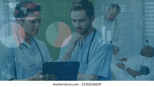 Image of data processing over diverse doctors and patient. global medicine, healthcare and data processing concept digitally generated image.