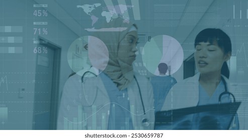 Image of data processing over diverse doctors. global medicine, healthcare and data processing concept digitally generated image.