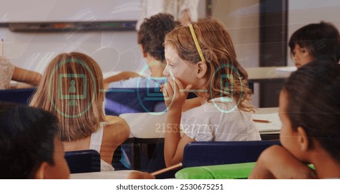 Image of data processing over diverse schoolchildren talking. Global education and digital interface concept digitally generated image.