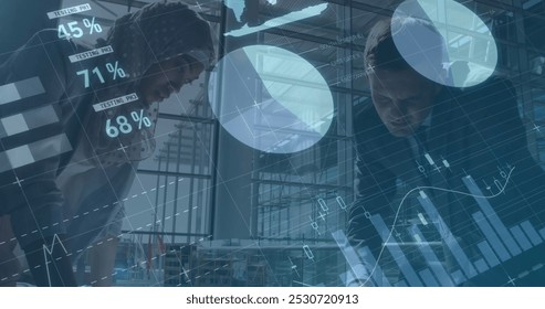 Image of data processing over diverse business people talking. global business and digital interface concept digitally generated image.