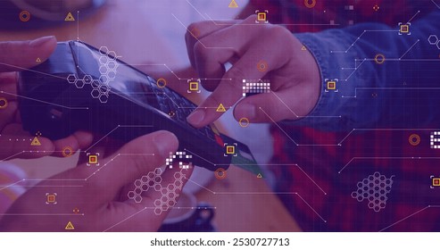 Image of data processing over diverse people paying with credit card. Global finances, retail and digital interface concept digitally generated image.