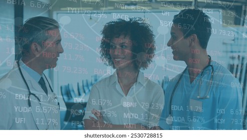 Image of data processing over diverse business people wearing phone headsets. Global business data processing digital interface technology and networking concept digitally generated image. - Powered by Shutterstock