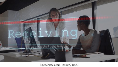 Image of data processing over diverse business people in office. Global business and digital interface concept digitally generated image.