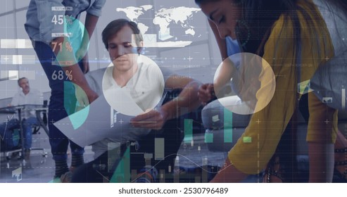 Image of data processing over diverse business people discussing work. Global business and digital interface concept digitally generated image.