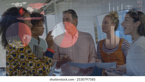 Image of data processing over diverse business people discussing work. Global business and digital interface concept digitally generated image.