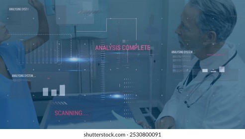 Image of data processing over diverse doctors at hospital. Global medicine, healthcare and digital interface concept digitally generated image.