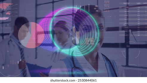 Image of data processing over diverse doctors talking. Global medicine and digital interface concept digitally generated image.