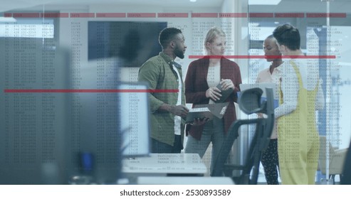 Image of data processing over diverse business people at office. Global business, computing and digital interface concept digitally generated image.