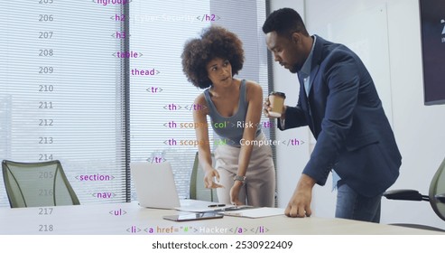 Image of data processing over diverse business people working at office. Global business and digital interface concept digitally generated image.