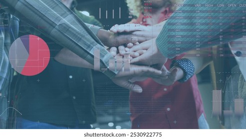 Image of data processing over diverse business people working at office. Global business and digital interface concept digitally generated image.