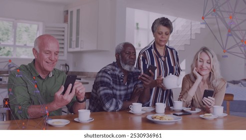 Image of data processing over diverse group of seniors talking. senior home hangout and digital interface concept digitally generated image.