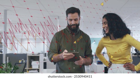 Image of data processing over diverse business people in office. Global business and digital interface concept digitally generated image.