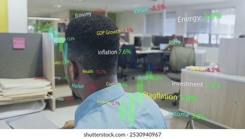 Image of data processing over diverse business people in office. Global business and digital interface concept digitally generated image.