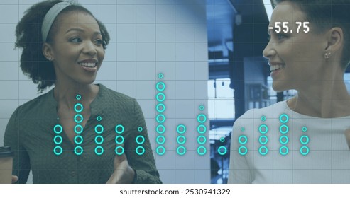 Image of data processing over diverse business people working in office. Global business and digital interface concept digitally generated image.