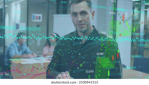 Image of data processing over diverse business people working in office. Global business and digital interface concept digitally generated image.