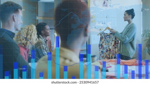 Image of data processing over diverse business people working in office. Global business and digital interface concept digitally generated image.