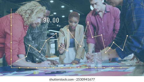 Image of data processing over diverse business people working in office. Global business and digital interface concept digitally generated image.