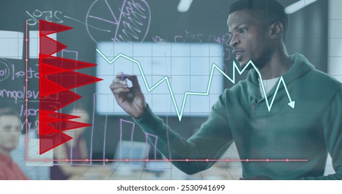 Image of data processing over diverse business people working in office. Global business and digital interface concept digitally generated image.