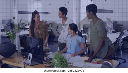 Image of data processing over diverse business people working together. Global finance, business, connections, computing and data processing concept digitally generated image.