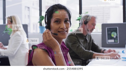 Image of data processing over diverse business people using phone headsets in office. Global social media, business and digital interface concept digitally generated image.