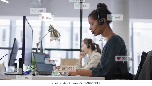Image of data processing over diverse business people using phone headset in office. Global business and digital interface concept digitally generated image.